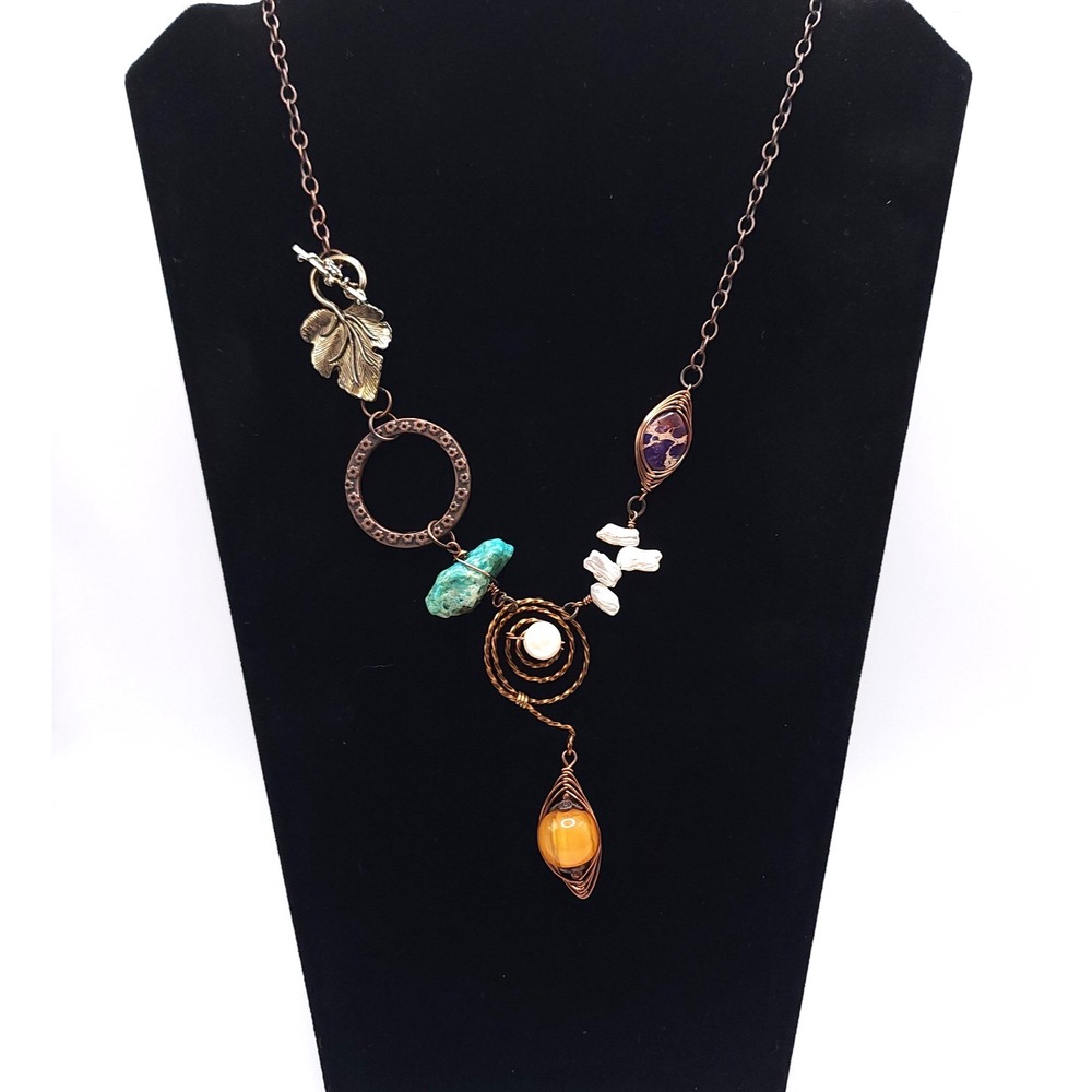 Artisan Gemstone Pearl Necklace Bronze Tone Asymmetrical Boho
